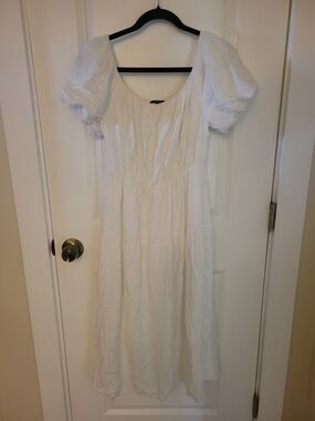 White Puff-Sleeve Midi Dress with Scoop Neck